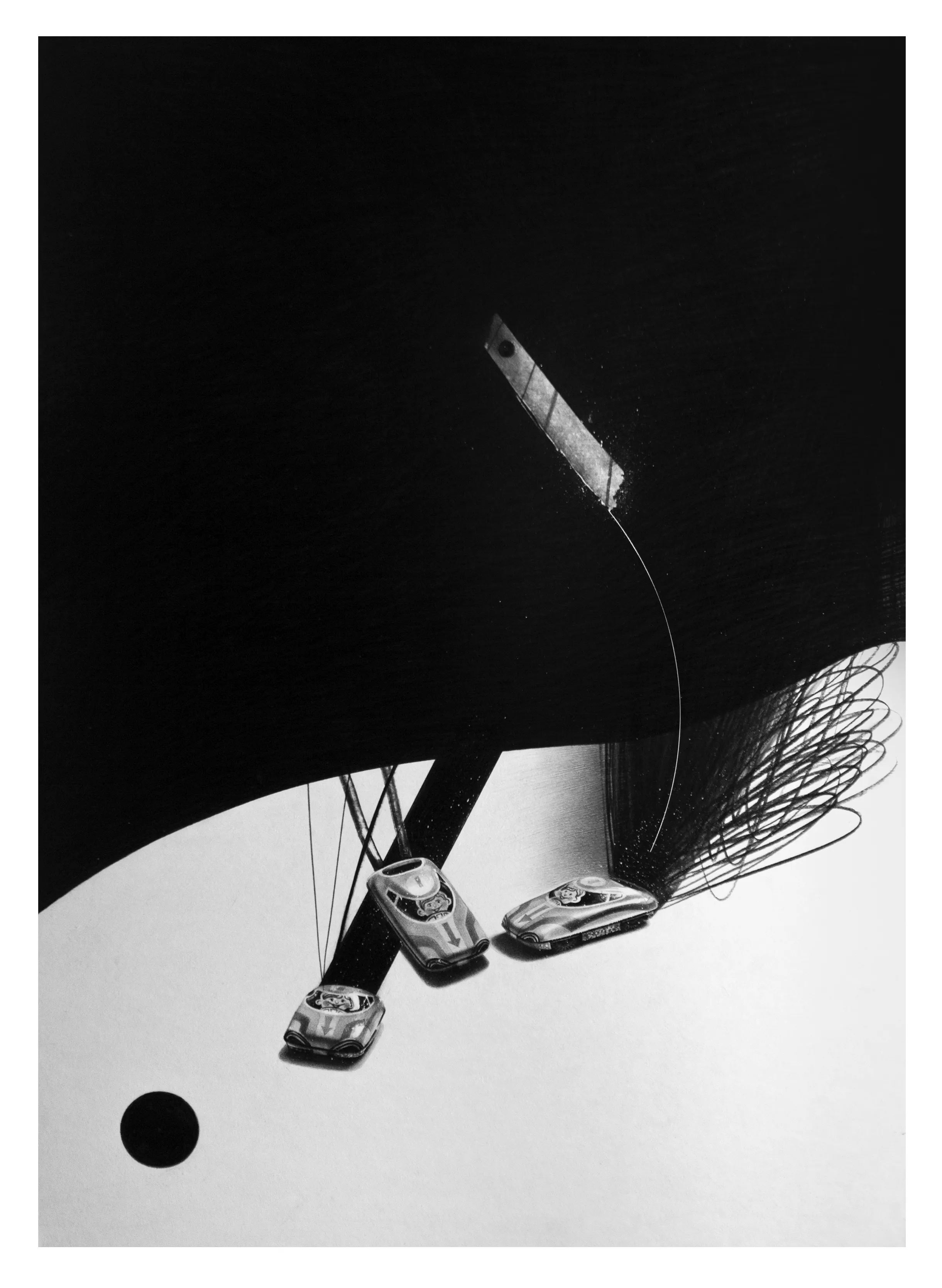 Зображення "Іграшкові авто та лезо для канцелярського ножа" від євген григор'єв, матеріали: папір, графіт, медіум: Графіка, місто: Львів, серія: "Підмети і присудки", ціна: €500