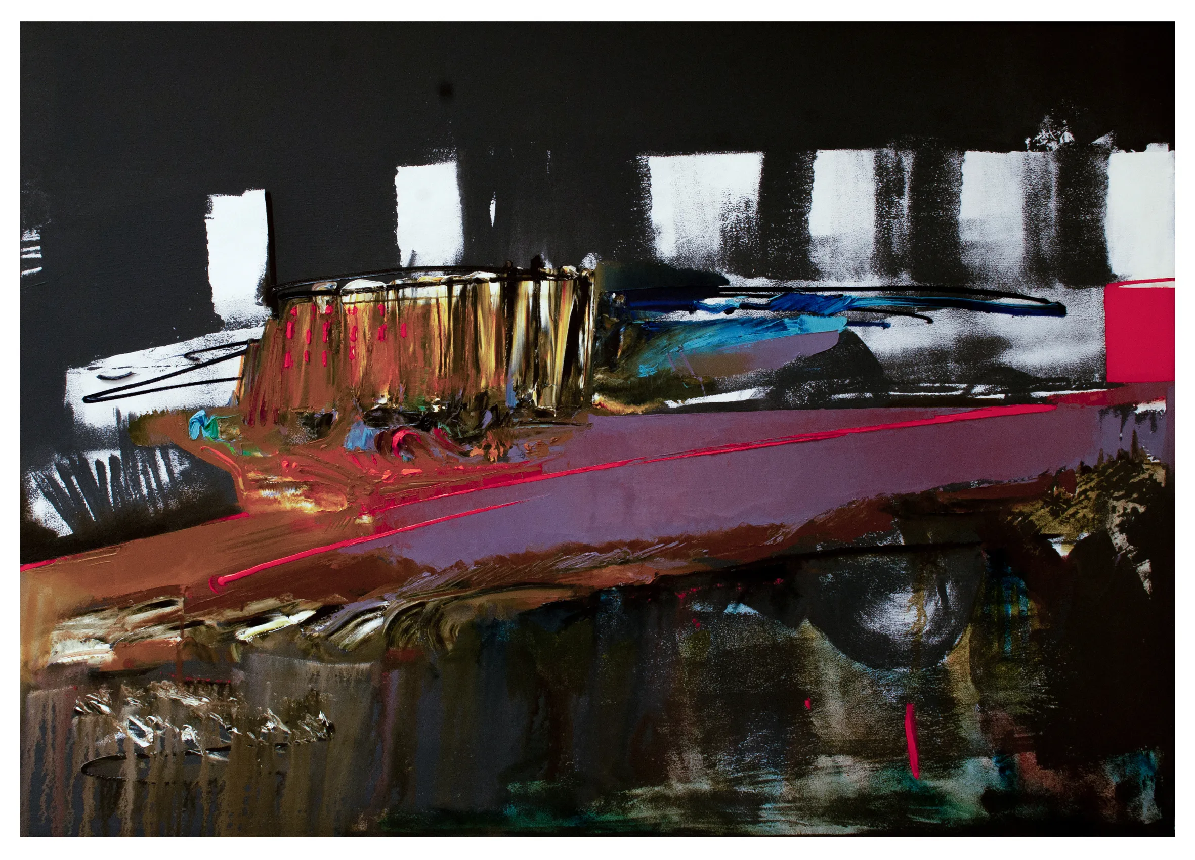 Зображення "Червоний автобус" від євген григор'єв, матеріали: Полотно, олія, медіум: Живопис, місто: Львів, серія: "Левітація"