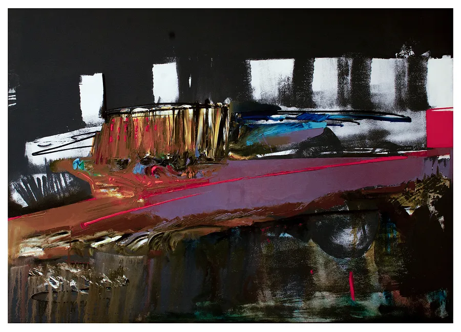 Зображення "Червоний автобус" від євген григор'єв, матеріали: Полотно, олія, медіум: Живопис, місто: Львів, серія: "Левітація"